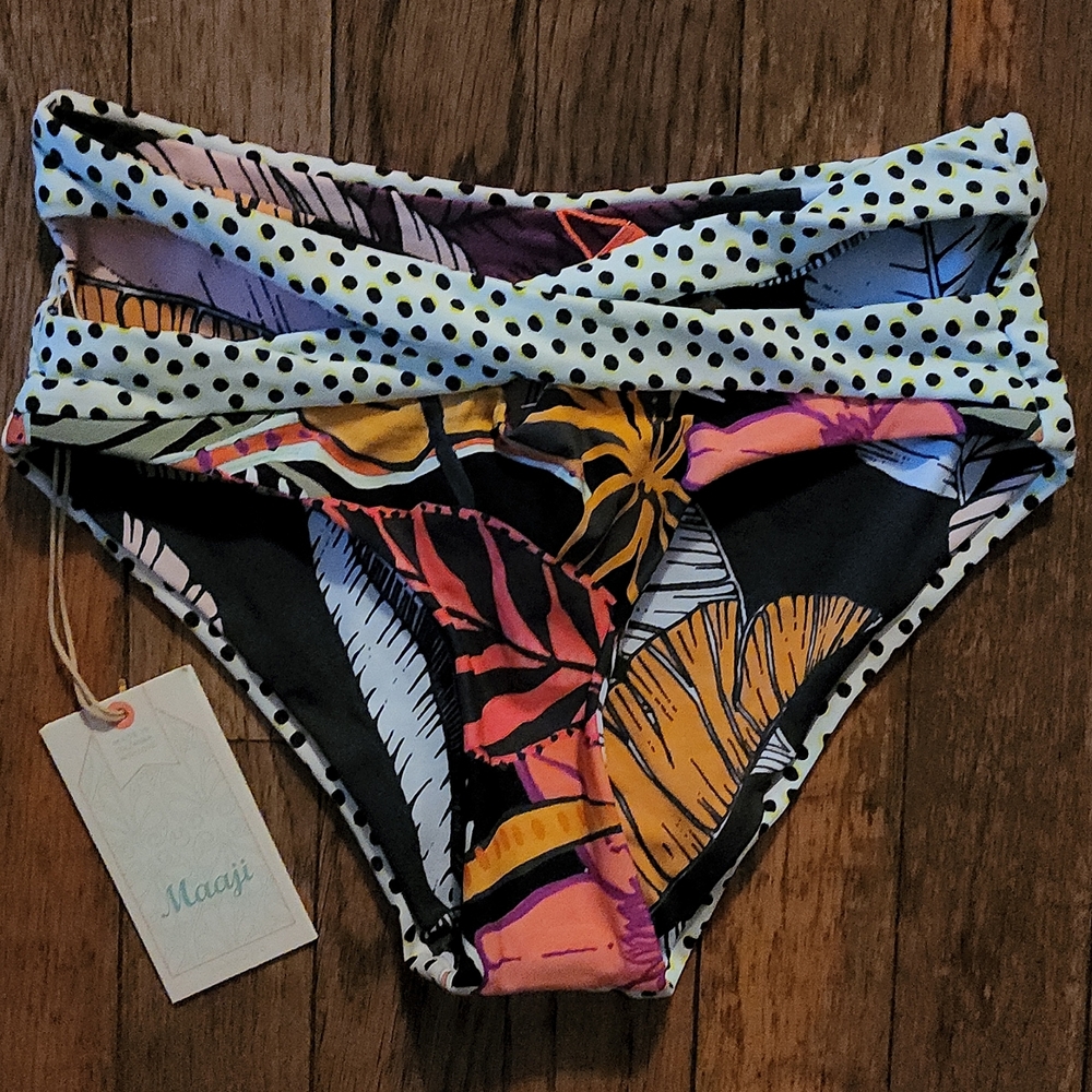 NWT! Reversible Polka Dot Floral Bikini Swim Bottom Orange Pink Purple 0-2